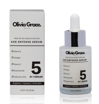 Age Defense Serum 5 In 1 - Brightens, Hydrates & Firms Skin - Vitamin C & E, Collagen, Nicotinamide & Hyaluronic Acid 30ml